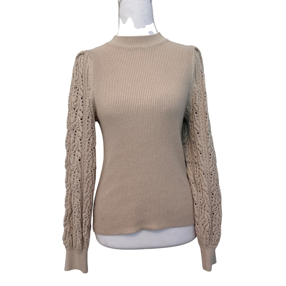 Splendid Sweater Womens Small Beige Pointelle Sleeve Ribbed‎ Mock Neck